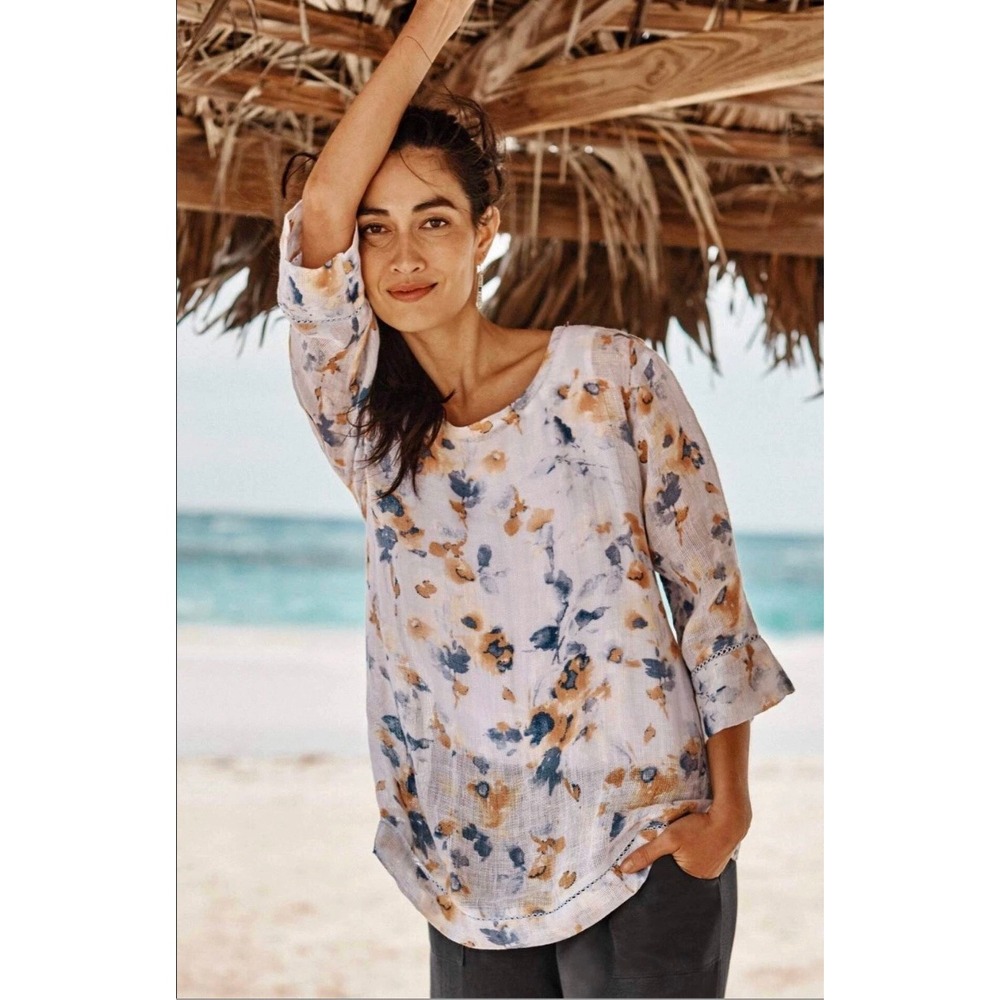 PureJill 100% Linen Floral Top Small White Yellow Boho Summer Light Airy Relaxed